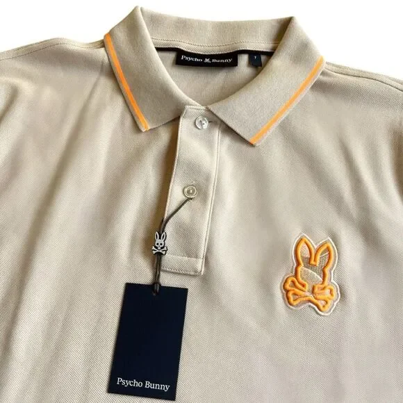 Psycho Bunny NWT Lenox Pique Short Sleeve Polo Shirt - Beige Tipped - 7/XL - Picture 3 of 6